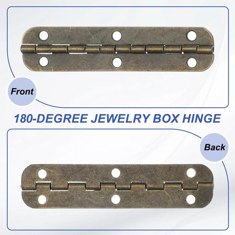 Top Shelf Rock Solid 180 Degree Mini Piano Hinges For Small Jewelry Wooden Boxes With Screws, front and back view.