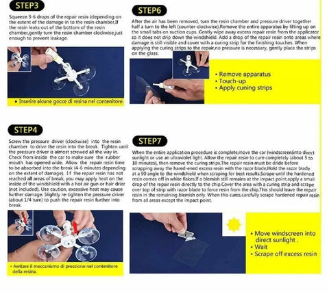 Instruction steps for using DIY Windshield Repair Kit For Chips Cracks And Bullseyes That Keeps Laminated Windshields Clear In Minutes
