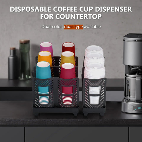 Three Slot Upright Paper Cup And Lid Dispenser For Coffee Stations Keeps 3 Oz To 16 Oz Cups In Check Black Holds Up To 100 Cups And 150 Lids on counter with colorful cups.
