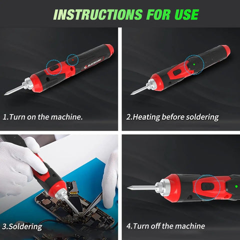 Instructions for Cordless Soldering Iron Kit 4V Rechargeable With 2000mAh Lithium Battery, showing usage steps