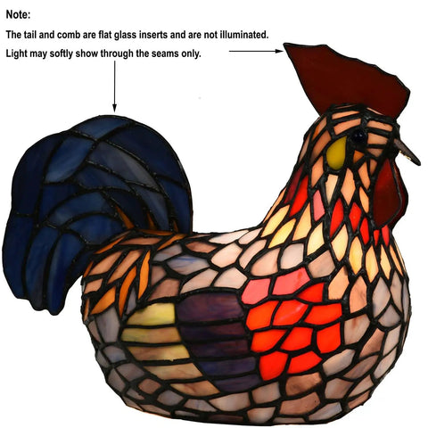 Colorful Rooster Tiffany Style Stained Glass Table Lamp with Night Light for Bedside and Living Room Decor 12 Inch Long E12 Socket LED Bulb Included Warm White Glow.
