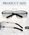 12 Pack Safety Glasses Bulk Impact Resistant UV Protective Eyewear For Men Women Teens Clear Scratch Resistant Eye Protection For Work Lab Construction Science And Outdoor Activities Gray shown with dimensions.