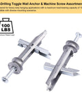 Heavy Duty Zinc Drywall Anchors Kit With 25 Self-Drilling Toggle Anchors And Screws For Hollow Walls Holds Up To 100 Lb No Drill Holes Needed Durable Toggle Bolts For Easy Wall Mounts. Zinc toggle anchors with screws, shown open and closed, 100 lbs.