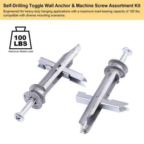 Heavy Duty Zinc Drywall Anchors Kit With 25 Self-Drilling Toggle Anchors And Screws For Hollow Walls Holds Up To 100 Lb No Drill Holes Needed Durable Toggle Bolts For Easy Wall Mounts. Zinc toggle anchors with screws, shown open and closed, 100 lbs.