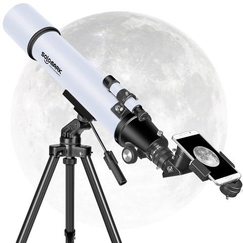80mm Aperture 900mm Focal Length Refractor Telescope for Grown Ups and Newbies with phone adapter against moon backdrop