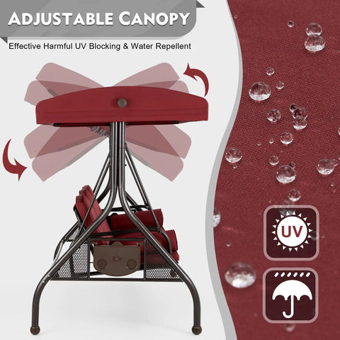 Side view of Three Seat Outdoor Porch Swing With Adjustable Canopy Convertible Patio Swing Bed in Wine Red showing canopy adjustment and water resistance.
