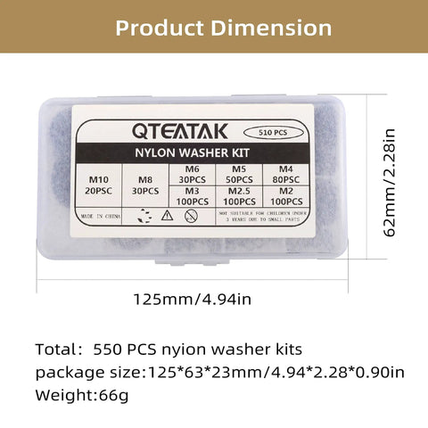 Nylon Flat Washer Kit 510 Pcs Assortment Set For Electrical Connections In Home And Commercial Appliances Including M2 M2.5 M3 M4 M5 M6 M8 M10 Sizes For Quick DIY Repairs And Hardware Projects shown in package with dimensions labeled.