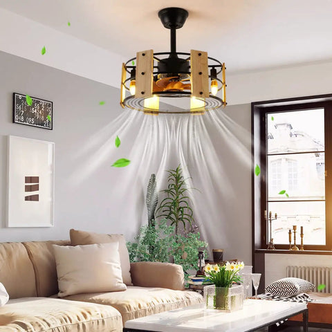 Room with Caged Ceiling Fan With Lights Remote Control 18 Inch Low Profile Flush Mount Farmhouse Fandelier installed