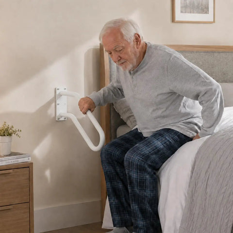 Heavy Duty Iron Wall Mount Stair Hand Rail With A Hella Strong Non Slip Grip For Outdoor Steps Or Bathroom Porch Classic White Finish No Fuss Setup Grab On Tight One Pack used by an older man to assist with standing up from bed.