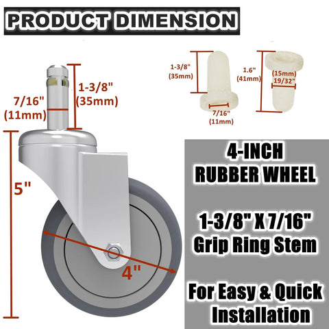 Dimensions of Swivel Stem Caster Set Four Inch Wheel With Seven Sixteenth Inch Stem Diameter Heavy Duty 200 Lb Load