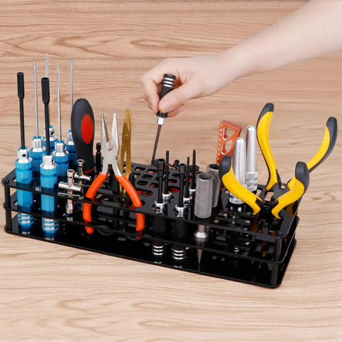 63 Hole Screwdriver Storage Rack for Hex and Cross Bits - RC Tools Organizer Stand with tools, black plastic, easy to install