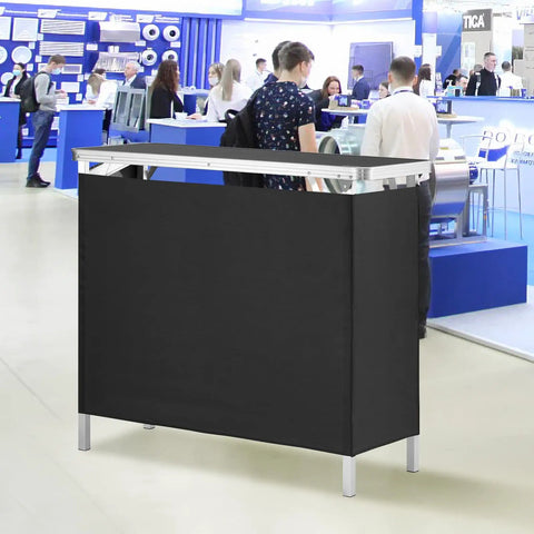 Foldable Portable Bar Table For Indoor And Outdoor Events With Carrying Case Storage Shelf And Black Skirt Tradeshow Podium 38.39 Inch By 15.16 Inch By 34.25 Inch Aluminum And MDF Build Party Ready Setup Holds Up To 111 Lbs.
