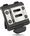 Sturdy Tape Measure Holder And Drill Holster With Belt Clip, hands free tool pouch, heavy duty ABS, stainless steel clip close-up.
