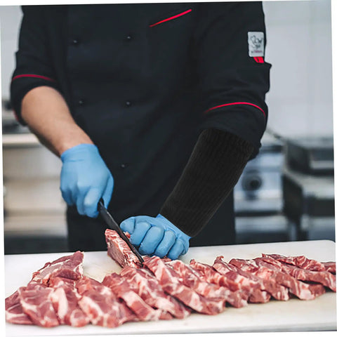 Heavy Duty Kickass Cut Resistant Arm Sleeves Lightweight Protective Gear Breathable Polymer Fabric Anti Scratch Guard Tough On Sparks And Jagged Steel Built For Welding Yard Or Auto Shop Grind worn by chef cutting meat.
