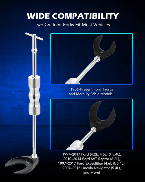 Hella Tough CV Axle Puller Slide Hammer Tool Set with CV joint forks for Ford Taurus, Expedition, and Navigator models.
