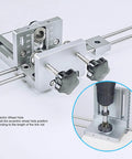 Self Centering Dowel Jig Kit With Quick Release Clamp And Aluminum Drill Guide For Woodworking And Furniture Assembly DIY Projects 600mm Included Delivers Precise Holes And Effortless Alignment For Pros And Weekend Warriors, close-up view showing adjustable knobs and drill guide attachment.