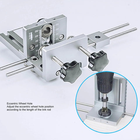 Self Centering Dowel Jig Kit With Quick Release Clamp And Aluminum Drill Guide For Woodworking And Furniture Assembly DIY Projects 600mm Included Delivers Precise Holes And Effortless Alignment For Pros And Weekend Warriors, close-up view showing adjustable knobs and drill guide attachment.