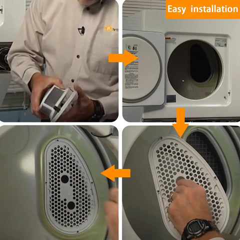 Man demonstrating installation of Upgraded Dryer Lint Filter Screen And Cover For Kenmore Whirlpool Stackable Washer And Dryer Lint Trap Replacement W10828351 Replaces 8531964 8531967 8531966 AP5985829 Heavy Duty Stainless Mesh With Tight Weave Easy Install.