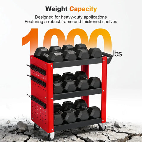 Heavy Duty 3 Tier Rolling Tool Cart Built Tough As Nails For Mechanics And Garage Shops Rock Solid Alloy Steel Frame With 1000 Lb Max Load Capacity Red Black