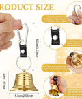 Detail of Six Pack Bear Bell Safety Gear with brass bell, leather keychain, carabiner, and dimensions for outdoor safety use.
