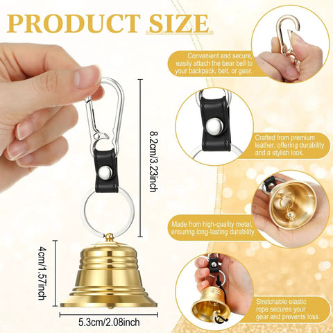 Detail of Six Pack Bear Bell Safety Gear with brass bell, leather keychain, carabiner, and dimensions for outdoor safety use.