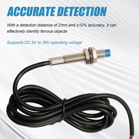 Inductive Proximity Sensor M8 2mm Sensing Distance Pro Grade NPN Normally Closed Three Wire DC 6V To 36V Switch, coiled wire.