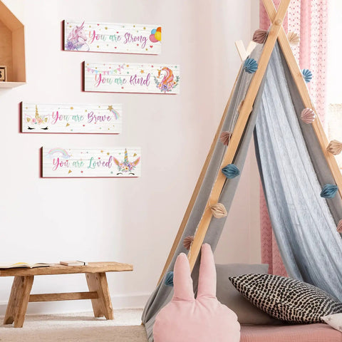 Unicorn Wall Decor Set For Girls Room Rainbow Wall Art Four Piece Bundle Motivational Inspirational Bedroom Decorations