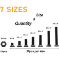 Image of M3 Screws Kit With 360 Pieces Including 210 Black Countersunk Phillips Head M3 Screws In 0.5mm Pitch Across 4mm 6mm 8mm 10mm 12mm 16mm And 20mm Lengths Plus 150 M3 Hex Nuts For 3D Printers Robots RC Models DIY Projects Makers And Hobbyists showing 7 sizes and quantities.