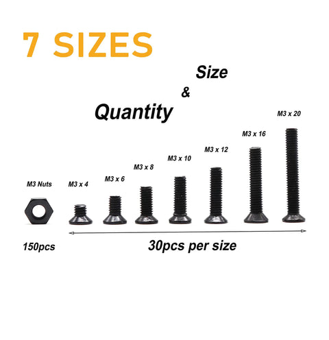 Image of M3 Screws Kit With 360 Pieces Including 210 Black Countersunk Phillips Head M3 Screws In 0.5mm Pitch Across 4mm 6mm 8mm 10mm 12mm 16mm And 20mm Lengths Plus 150 M3 Hex Nuts For 3D Printers Robots RC Models DIY Projects Makers And Hobbyists showing 7 sizes and quantities.