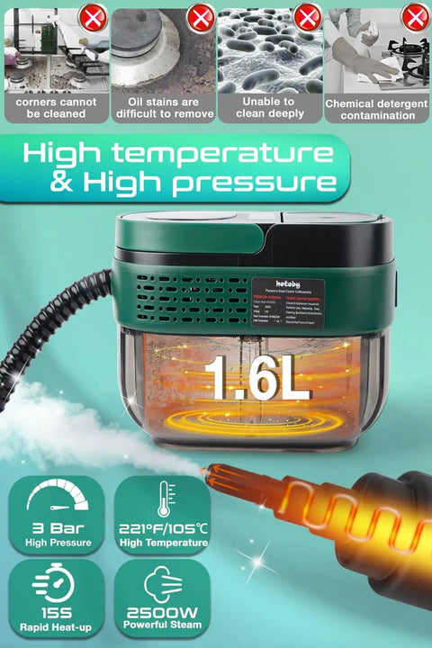 Hands Free Handheld Steam Cleaner With Handle Control One Point Six Liter Large Water Tank 3 Level Steam Output advertising features