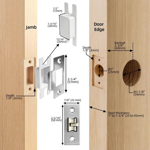 Round Low Profile Door Knob With Hidden Recessed Cup Lock installation diagram, including jamb and door edge measurements