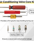 Pro Grade 39 Piece Air Conditioning Valve Core Kit with tools and valve cores showing non-slip design and sealing rubber rings.