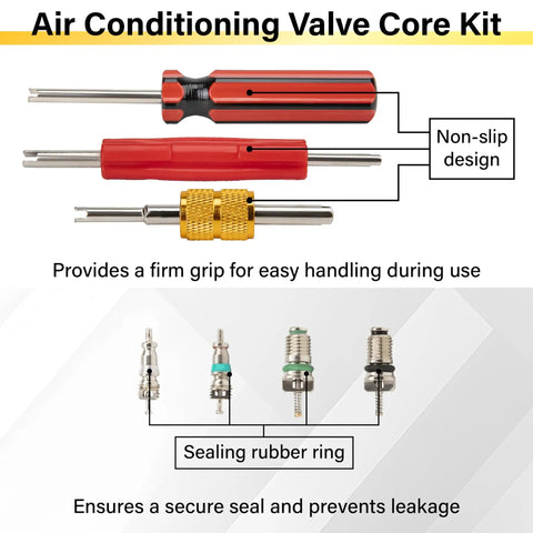 Pro Grade 39 Piece Air Conditioning Valve Core Kit with tools and valve cores showing non-slip design and sealing rubber rings.