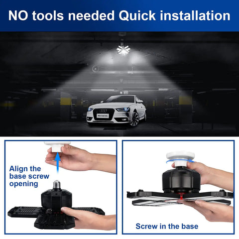 12 Panel Deformable Garage LED Lights Plug In 180W 18000 Lumens 6500K Daylight E26 E27 Base installation demonstration