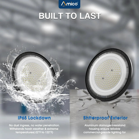 UFO LED High Bay Light Beast Mode Bright 150W 21000 Lumen 5000K Shop Lighting showcasing IP65 waterproof and shatterproof features