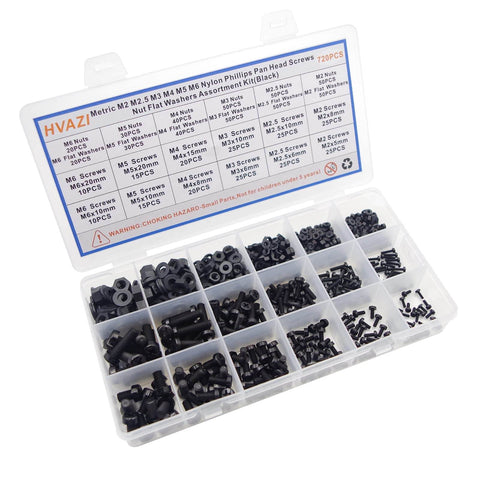 720 Piece Metric Nylon Phillips Pan Head Screws Hex Nuts Flat Washers Assortment Kit M2 Through M6 For DIY Projects