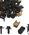 100 Piece Heavy Duty Auto Fastener Kit With Premium Steel Nylon Clips U Nuts Rivets showing various clips, screws, and fasteners for automotive use.