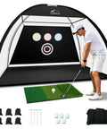 Man using 10x7 Ft Golf Hitting Net With Tri Turf Mat Multi Target Practice Net For Backyard Indoor And Outdoor Chipping And Driving