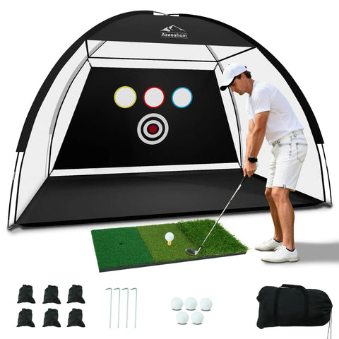 Man using 10x7 Ft Golf Hitting Net With Tri Turf Mat Multi Target Practice Net For Backyard Indoor And Outdoor Chipping And Driving