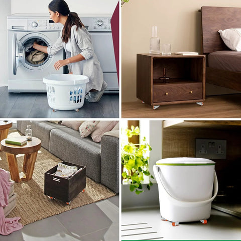 Self Adhesive Caster Wheels 0.75 Inch Oval Plate 360 Degree Swivel Nano Adhesive Bond Steel Plate 30 Lb Load Per Caster Easy Install Pack Of 16 For Furniture Moving Home Office Indoors Use attached to various furniture and storage items, demonstrating easy mobility in a home setting.