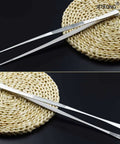 Two Pack 12-Inch Kitchen Tweezers Set, Stainless Steel Fine Tweezer Tongs on woven mat, food-grade, rust-resistant, dishwasher safe
