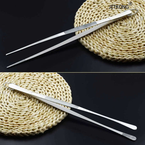 Two Pack 12-Inch Kitchen Tweezers Set, Stainless Steel Fine Tweezer Tongs on woven mat, food-grade, rust-resistant, dishwasher safe