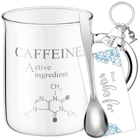 Lab Week Chemistry Gift Set Caffeine Beaker Coffee Mug With Metal Spoon Keychain Greeting Card And Gift Box shown