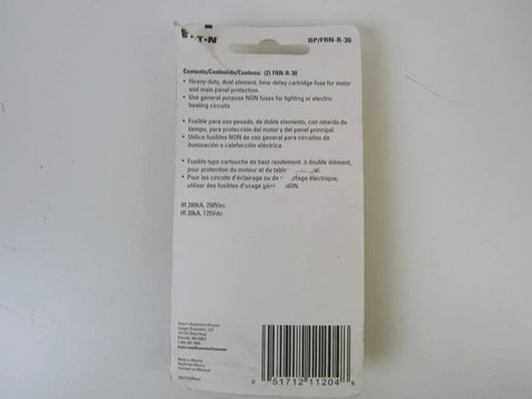 Back packaging of FRN-R 30 Amp Fusetron dual element time-delay current-limiting RK5 fuse 250V UL listed carded 2-pack