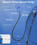 Heavy Duty Electric Drum Pump 5 GPM Fast Pour Setup Plug And Play For Diesel Def Water Antifreeze Motor Oil Chemicals No Hassle Operation 2 Inch Bung Adapter 110V 240V Ac Dc features a manual dispensing nozzle and flexible hose.