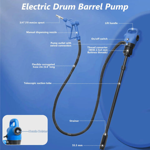 Heavy Duty Electric Drum Pump 5 GPM Fast Pour Setup Plug And Play For Diesel Def Water Antifreeze Motor Oil Chemicals No Hassle Operation 2 Inch Bung Adapter 110V 240V Ac Dc features a manual dispensing nozzle and flexible hose.