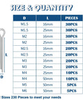 Chart of 230Pcs Cotter Pins Set In 12 Sizes, 304 Stainless Steel Split Pin Fasteners Assortment Kit Includes M1.5x16 to M6x50 sizes