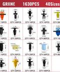 Diagram of auto push pin fasteners from massive 1931 piece car clip and rivet kit with 40 practical sizes for various cars.