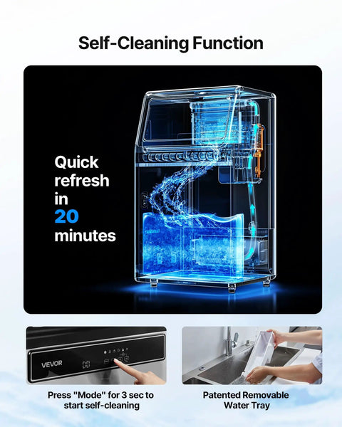 Self-cleaning function of Party Ready Ice Maker For Home Bar Or Restaurant, Up To 130 Lbs Per Day With 33 Lbs Storage.