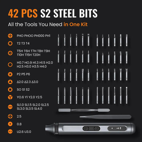 42-piece steel bits set from 52 In 1 Electric Screwdriver Kit Cordless Mini Power Driver for Electronics PC and Laptop Repair